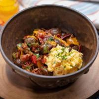 Bacon Hash Bowl · nitrate free bacon, peppers, onions, russet potato, cheddar, fried egg
