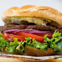 Impossible Vegan Burger · impossible patty, vegan white cheddar cheese, arugula, tomato, red onion, tofu mayo, pickles...