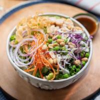 Chinese Chicken Salad · grilled chicken, red onion, wontons, peanuts, peas, red cabbage, carrots, sesame seeds, hois...