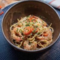 Spaghetti With Spicy Shrimp (5) · spaghetti with 5 jumbo spicy shrimp, red pepper flakes, homemade chicken broth + tomato