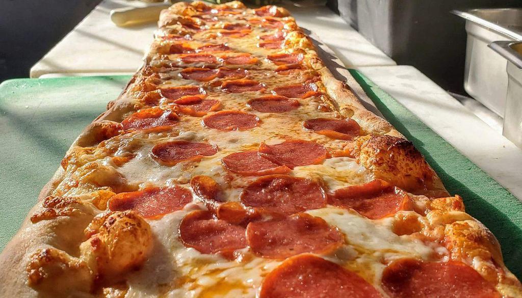 Pepperoni Pizza 3Ft · home made organic pizza sauce, pepperoni + mozzarella on our artisan, hand pulled, neapolitan style pizza dough