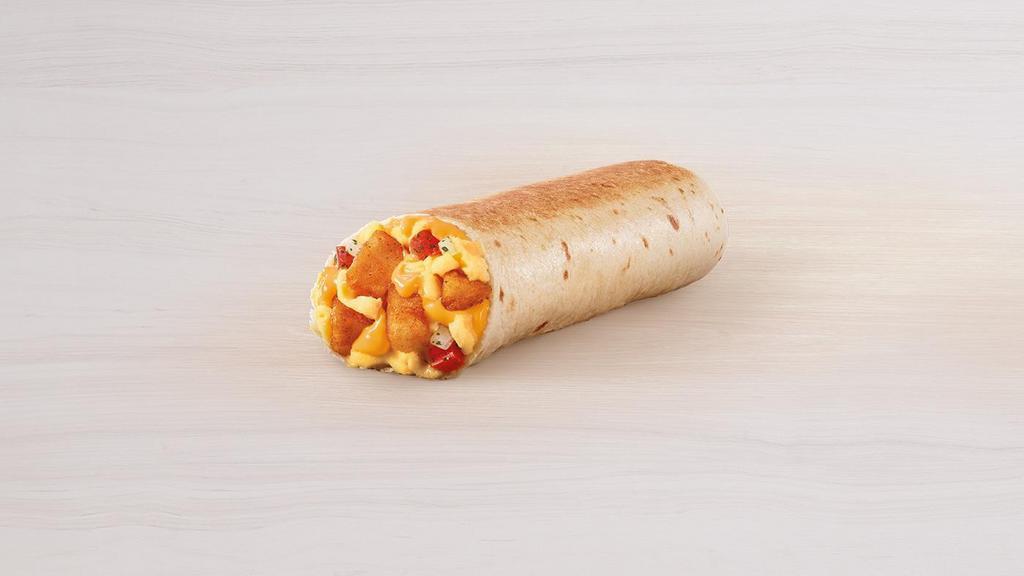 Cheesy Toasted Breakfast Burrito Potato · Potato bites, fluffy eggs, nacho cheese sauce, and tomatoes wrapped up in a flour tortilla and grilled.