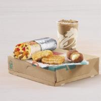 Bell Breakfast Box · Includes a Grande Toasted Breakfast Burrito with sausage, two Cinnabon® Delights, hash brown...