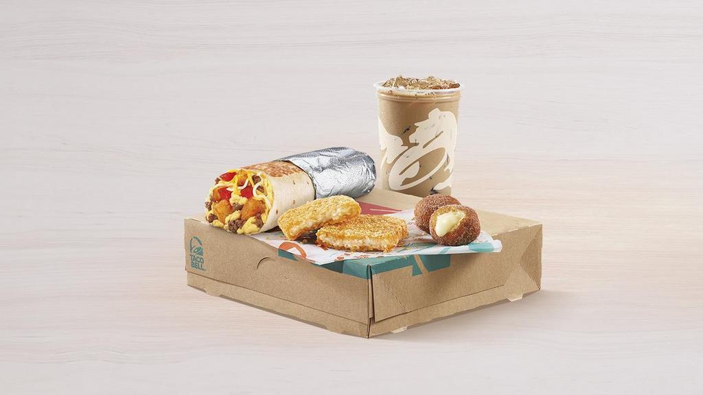 Bell Breakfast Box · Includes a Grande Toasted Breakfast Burrito with sausage, two Cinnabon® Delights, hash brown, and your choice of a coffee or medium fountain drink.