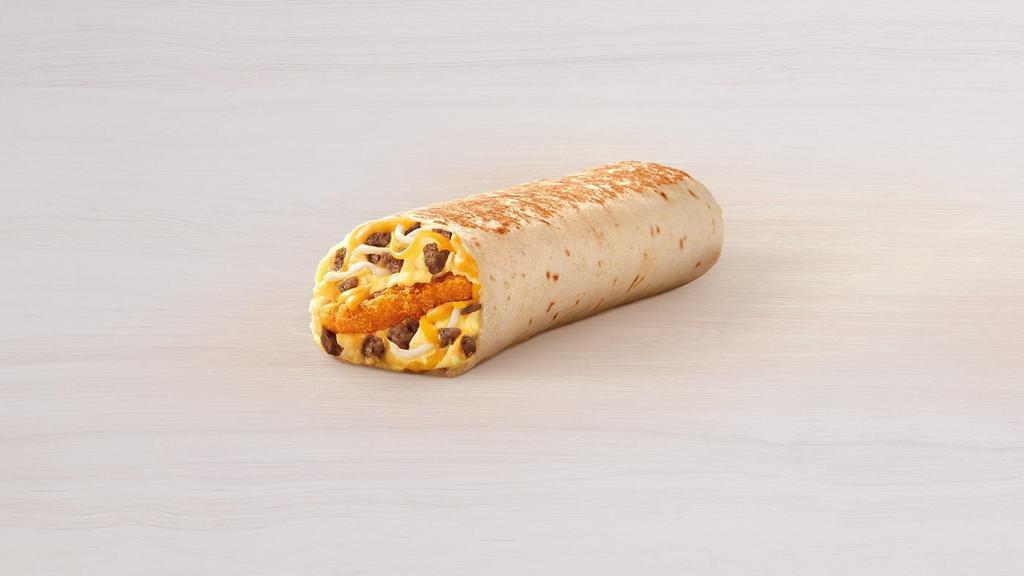Hash Brown Toasted Breakfast Burrito Sausage · A toasted flour tortilla filled with fluffy eggs, three melted cheeses, sausage, and a perfectly flaky hash brown.