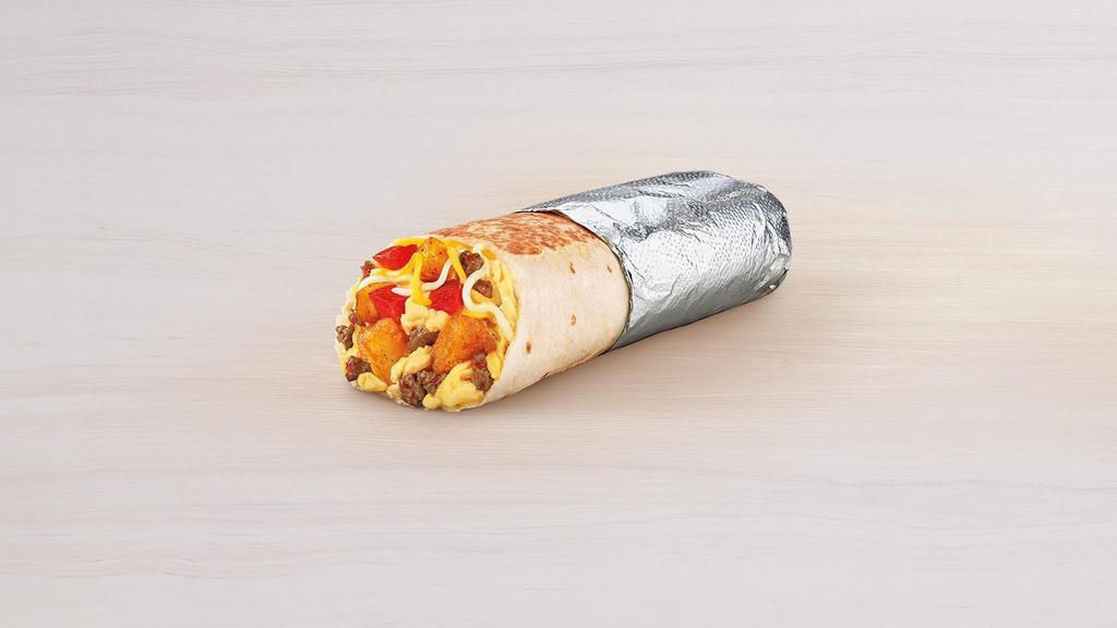 Grande Toasted Breakfast Burrito Sausage · Sausage, fluffy eggs, melted three-cheese blend, potato bites, and tomatoes wrapped up in a flour tortilla and grilled.