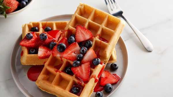 Two Waffles Grande · Malted waffles buttermilk-malt waffles with whipped margarine and maple syrup. (420 cal). Add mixed berries for $1.99