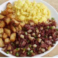 Corned Beef Hash & Eggs · Two eggs* (160 Cal) served any style with Corned Beef Hash (300-910 Cal), roasted potatoes (...