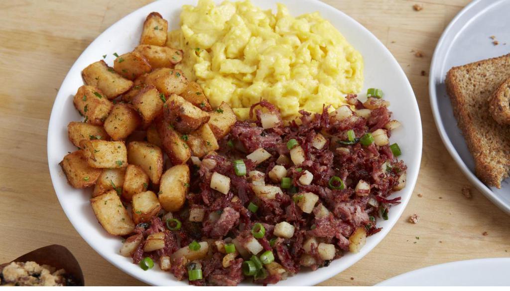 Corned Beef Hash & Eggs · Two eggs* (160 Cal) served any style with Corned Beef Hash (300-910 Cal), roasted potatoes (150 Cal) and toast (130-400 Cal) or a Muffin (520-860 Cal). Substitute a croissant. (360 Cal) 99¢
