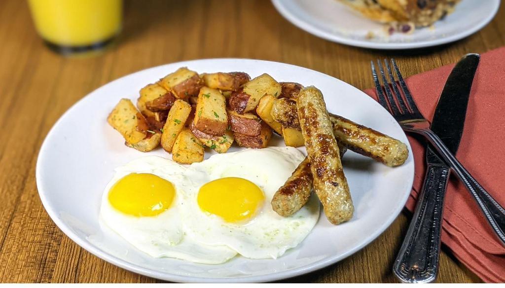 Turkey Sausage & Eggs · Two eggs* (160 Cal) served any style with turkey sausage(300-910 Cal), roasted potatoes (150 Cal) and toast (130-400 Cal) or a Muffin (520-860 Cal). Substitute a croissant. (360 Cal) 99¢