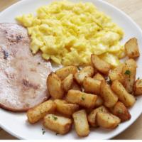 Hickory-Smoke Ham & Eggs · Two eggs* (160 Cal) served any style with hickory smoke ham (300-910 Cal), roasted potatoes ...