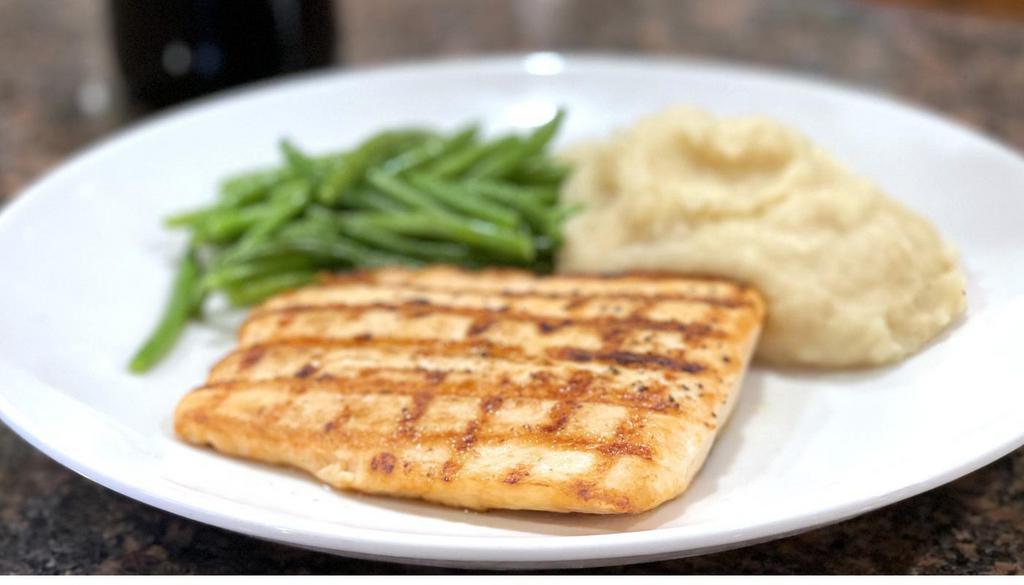 Salmon · Blackened or Grilled and served with choice of two sides. (320 cal) .