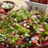 Walnut Shrimp Salad · Crisp bacon, strawberries, dried cranberries, tomato, crumbled bleu cheese and mixed greens ...