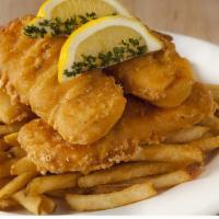 Fish & Fries · Hand-battered cod fillets with French fries, coleslaw and tartar sauce. (1180 cal) .