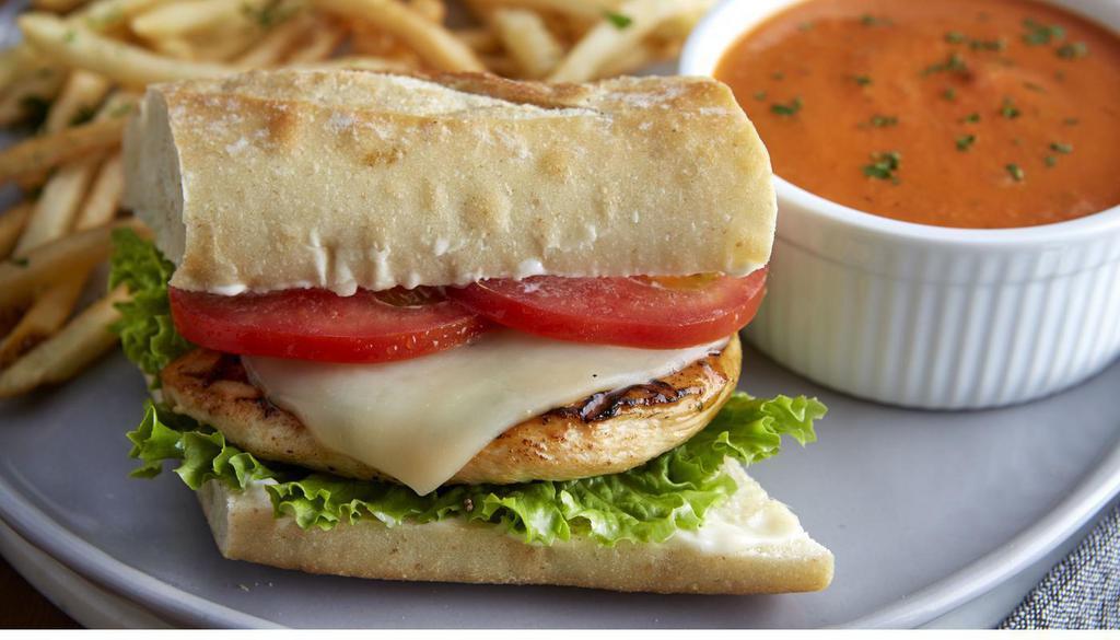 Grilled Chicken Baguette · Half Sandwich- Grilled chicken, jack cheese, lettuce, tomato and mayonnaise on a toasted baguette. (420 Cal)