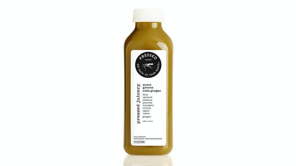 Pressed Juicery|Sweet Greens W/ Ginger · Green juice with a kick. Perfect for people looking for a green juice, but also want a sweet and spicy taste. 70 Calories
