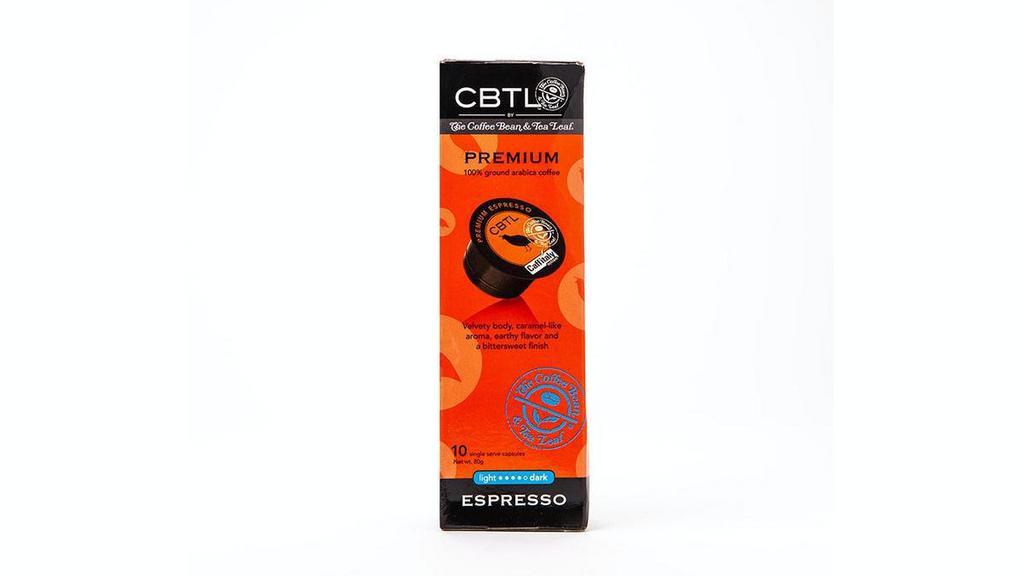 Retail Coffee|Cbtl Espresso Premium Capsules · Deep dark roasted flavor, caramel-like aroma, with earthy flavor and bittersweet finish.. 16 count.. For use with CBTL single serve systems only including Lieto, Americano, Kaldi, Briosa, and Contata models. KSA certified.