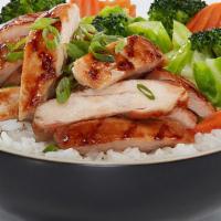 Chicken Veggie Bowl · Grilled all-natural chicken hand basted with our signature Waba sauce and served on a bed of...