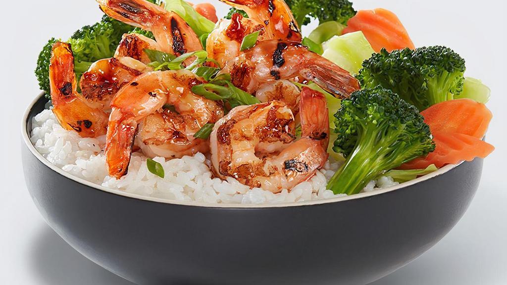 Shrimp Veggie Bowl · Grilled savory jumbo shrimp with our signature Waba sauce and served on a bed of rice with steamed veggies.