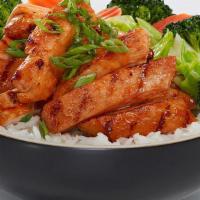 Sweet & Spicy Chicken Veggie Bowl · Fresh, never frozen chicken seared and drizzled with our new Sweet Chili Sauce.