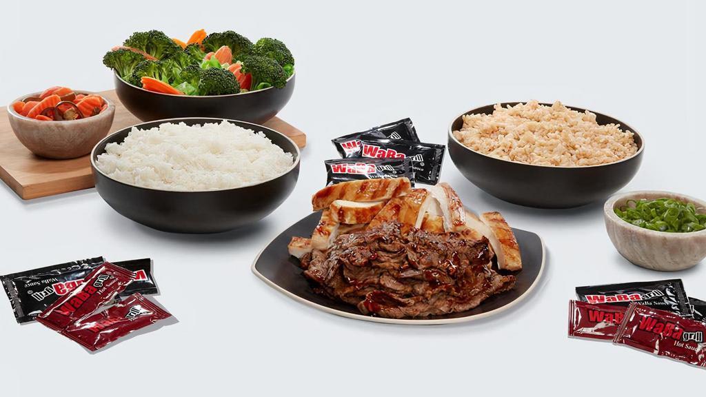 Chicken & Rib-Eye Steak Family Meal · Family-sized shareable portions including Chicken & Rib-Eye Steak, Veggies, and Rice. Serves 4. .