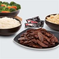 Plantspired Steak Family Meal  · Family-sized shareable portions including marinated plant-based steak slices fire-grilled-to...