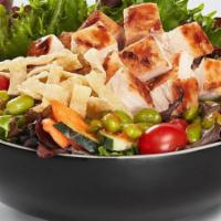 Spicy Asian Salad · Arcadian blend salad topped with cucumber, cherry tomatoes, carrots and grilled white meat c...