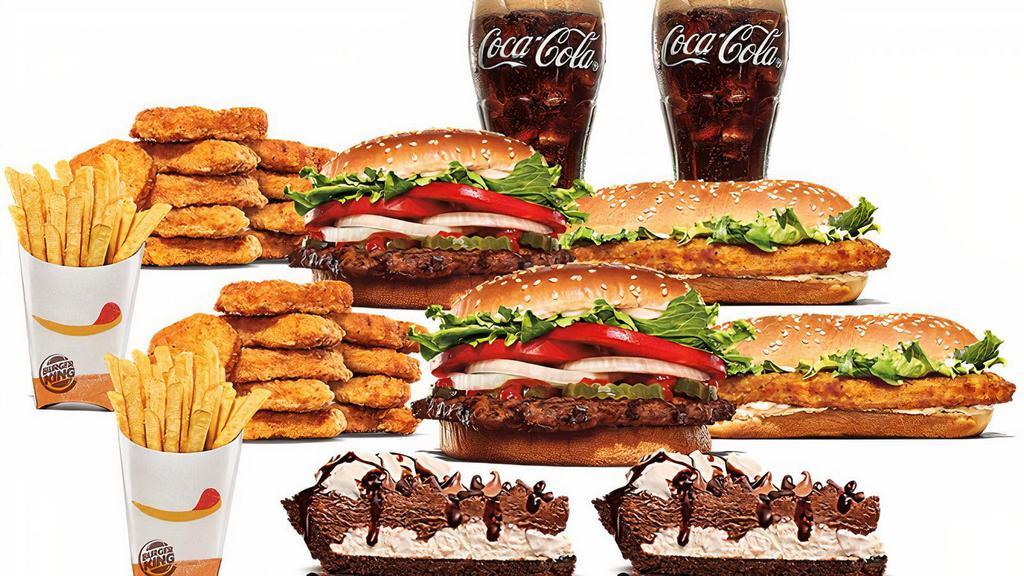 Family Bundle · Includes 3 Whoppers, 3 Cheeseburgers, 3 Small Fries. No substitutions and not valid on specialty versions.