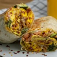Breakfast Burrito · A warm flour tortilla filled with scrambled eggs, jack cheese, cheddar cheese, avocado, pico...