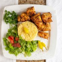 Chicken Kabab Plate · Spicy. Two grilled chicken skewers, marinated with garlic and herbs. Served with rice, hummu...