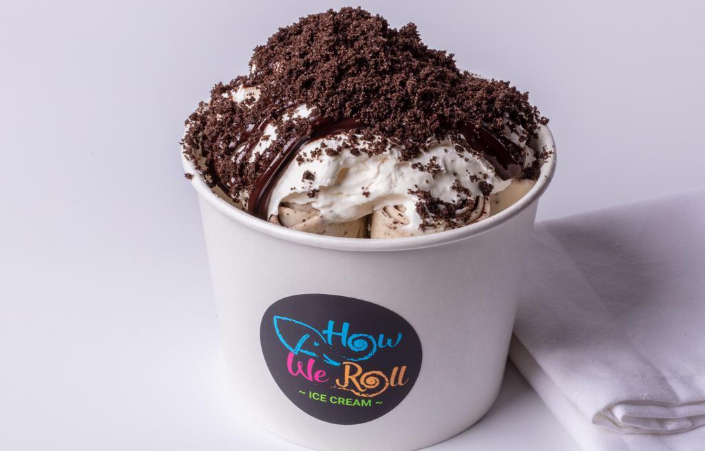 Cookies & Cream Ice Cream · Vanilla base with Oreos inside, topped with Whipped Cream, Chocolate Syrup, and Oreo Crumbles.