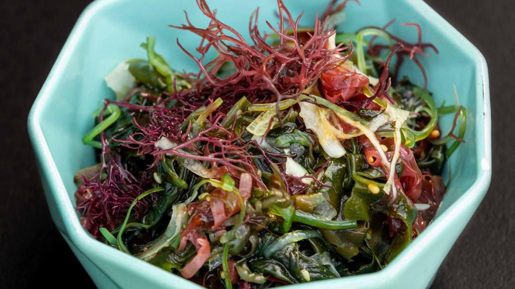 Seaweed Salad · Vegan, gluten free. Tri-color Tosaka Japanese seaweed, tamari vinaigrette.