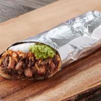 Super Burrito Pastor · Marinated Pork - Includes rice, beans, sour cream, cheese, and avocado.