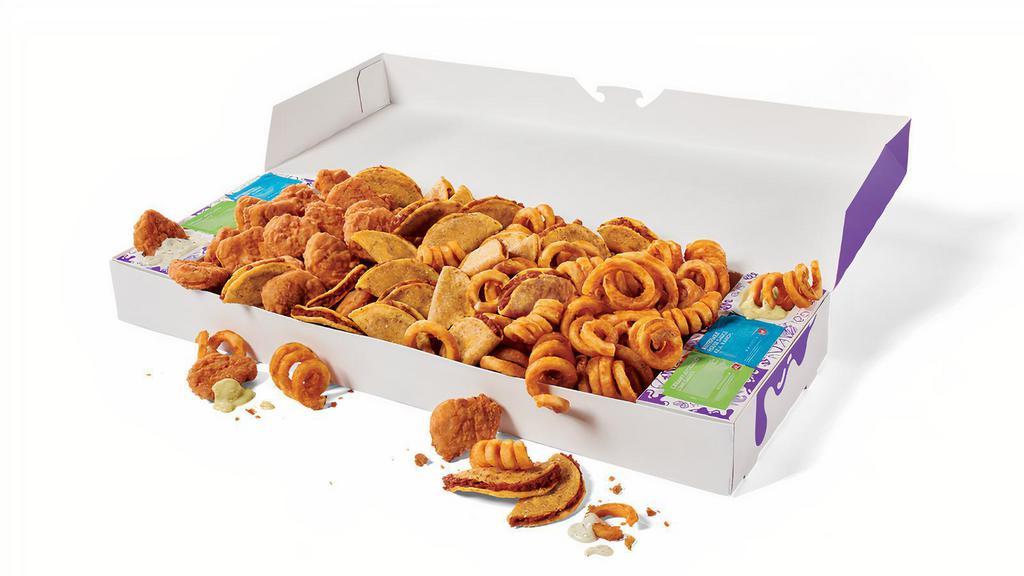 Mega Munchie Box · With Jack’s Mega Munchie Box, it’s go big or go home. Or, go big and then go home because you picked it up at the drive-thru. Either way, this box is packed with all your faves like Curly Fries, 30 Chicken Nuggets, 45 Tiny Tacos, and of course Buttermilk Ranch and Creamy Avocado Lime dipping cups. It’s perfect to share, but only if they’ll help you carry it.