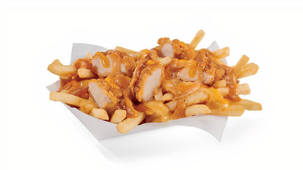 Classic Roost Fries · Which came first, the chicken or the fries? Well, we’re topping a bed of hot and salty fries with 100% all white meat chicken, cheddar cheese sauce, Good Good Sauce, and melty shredded cheddar, so maybe the fries? We’ll get back to you on that.