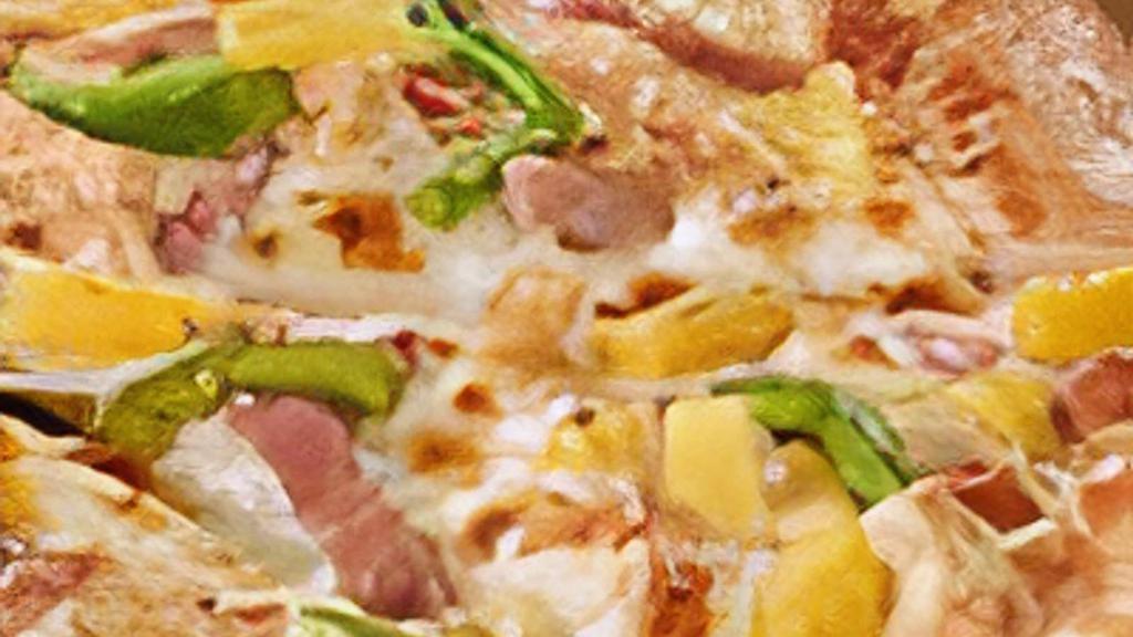 Hawaiian Chicken · Give your taste buds a tropical vacation with this amped up Hawaiian pizza. It's got tasty chicken, ham, pineapple AND green peppers.