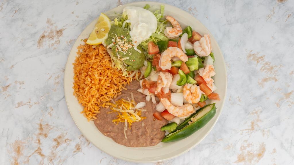 Shrimp Plate · Served with rice and beans. Comes with your choice of 4 corn or flour tortillas.
