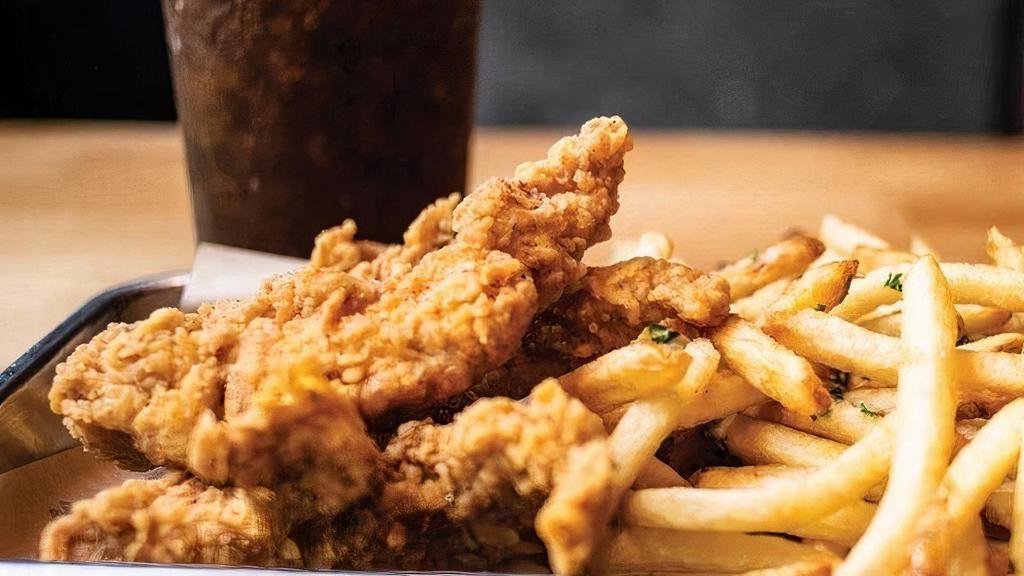 Kid'S Chicken Tenders Meal · Hand-breaded chicken tenders served with ranch.  Includes hand-cut fries & your choice of kid's drink.