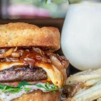Gf - Primetime · 1/2 lb HD Signature prime blend beef patty topped with fondue cheese, caramelized onions, ar...
