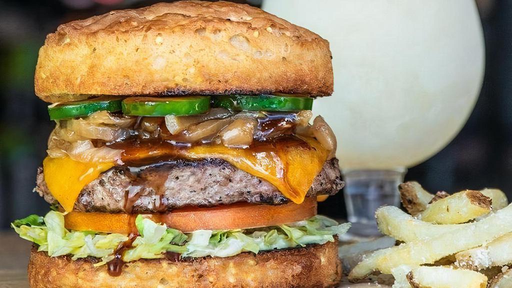 Gf- Goodnight/Good Cause · Cheddar cheese, caramelized onions, jalapeños, caffeinated BBQ sauce, Doddy Mayo, lettuce & tomato.  . A portion of the proceeds are donated to local charities doing amazing things in our neighborhood.. This item is gluten friendly, if you have an allergy please let the kitchen know