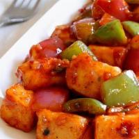 Chili Chicken · Spicy. Fried chicken chunks in sweet chili sauce, sautéed with onions and bell peppers.