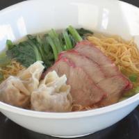 Bbq Pork Wonton Noodle Soup · Egg noodle with BBQ pork, wonton, bok-choy topped with green onion.