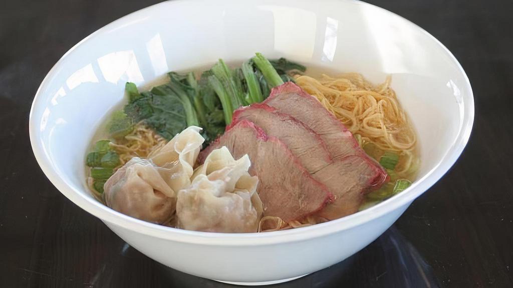 Bbq Pork Wonton Noodle Soup · Egg noodle with BBQ pork, wonton, bok-choy topped with green onion.