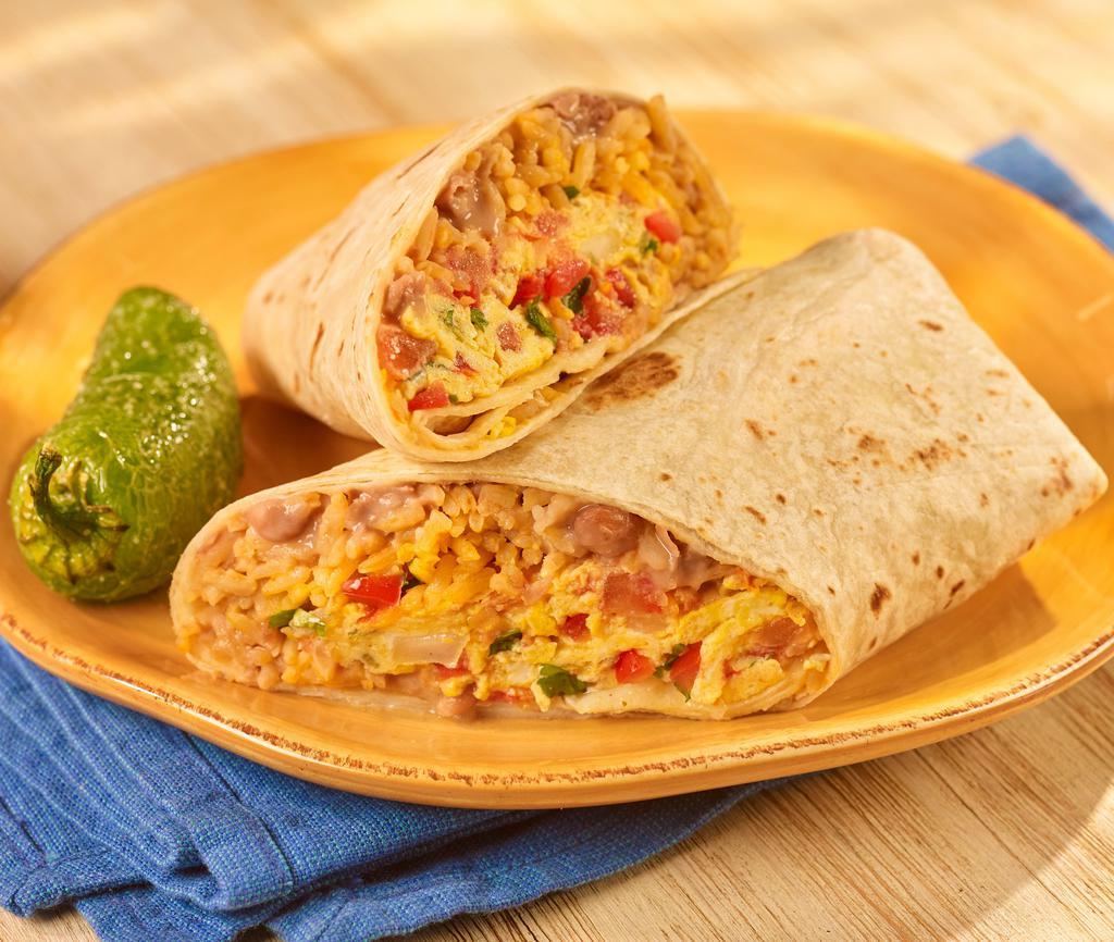 Breakfast Burrito · 2 eggs with choice of Ham, Mexican Sausage, A La Mexicana, Potato or just scrambled. Served with rice, refried beans and red or green salsa.