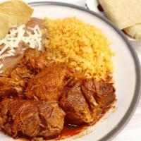 Birria De Res Plate · Beef stew. Served with rice, refried beans, tortillas, onions, cilantro, and lime.