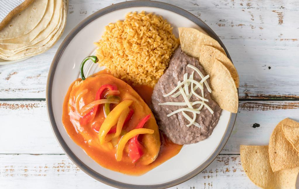 Chile Relleno Plate · Cheese stuffed chile pepper. Served with rice, refried beans, and tortillas.