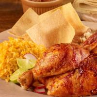 Half Chicken Plate · Rotisserie or grilled. Served with rice, refried beans, tortillas, and choice of green or re...