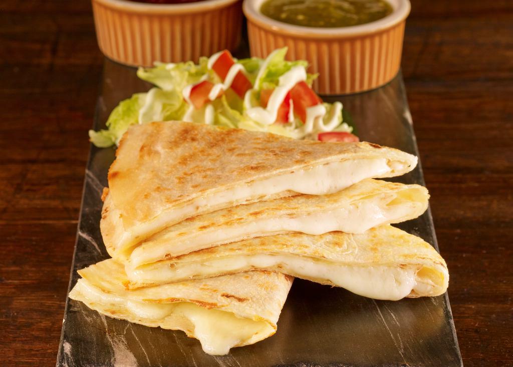 Cheese Quesadilla Plate · A large flour tortilla filled with cheese. Served with rice and refried beans, lettuce, tomatoes, sour cream, and choice of green or red salsa.