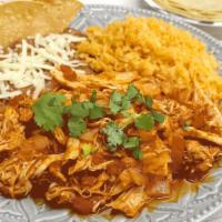 Chipotle Shredded Chicken Plate · Served with rice, refried beans, and tortillas.