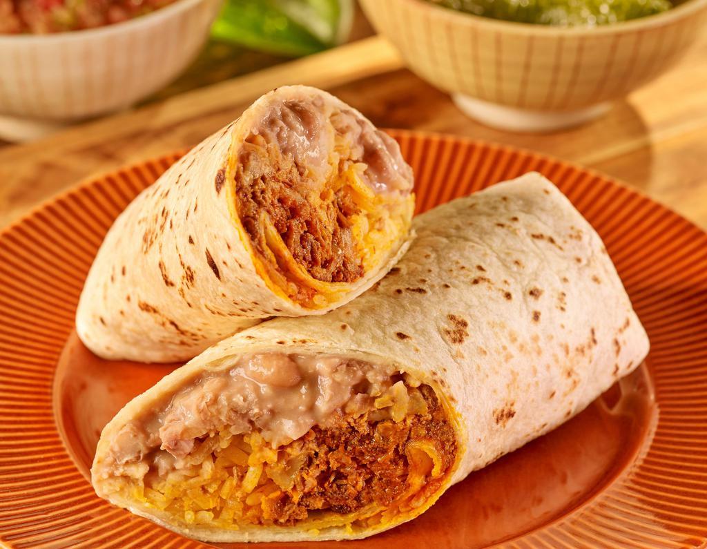 Burrito · A large flour tortilla stuffed with rice, refried beans, and choice of meat. Served with a choice of green or red salsa, cilantro, and onions.